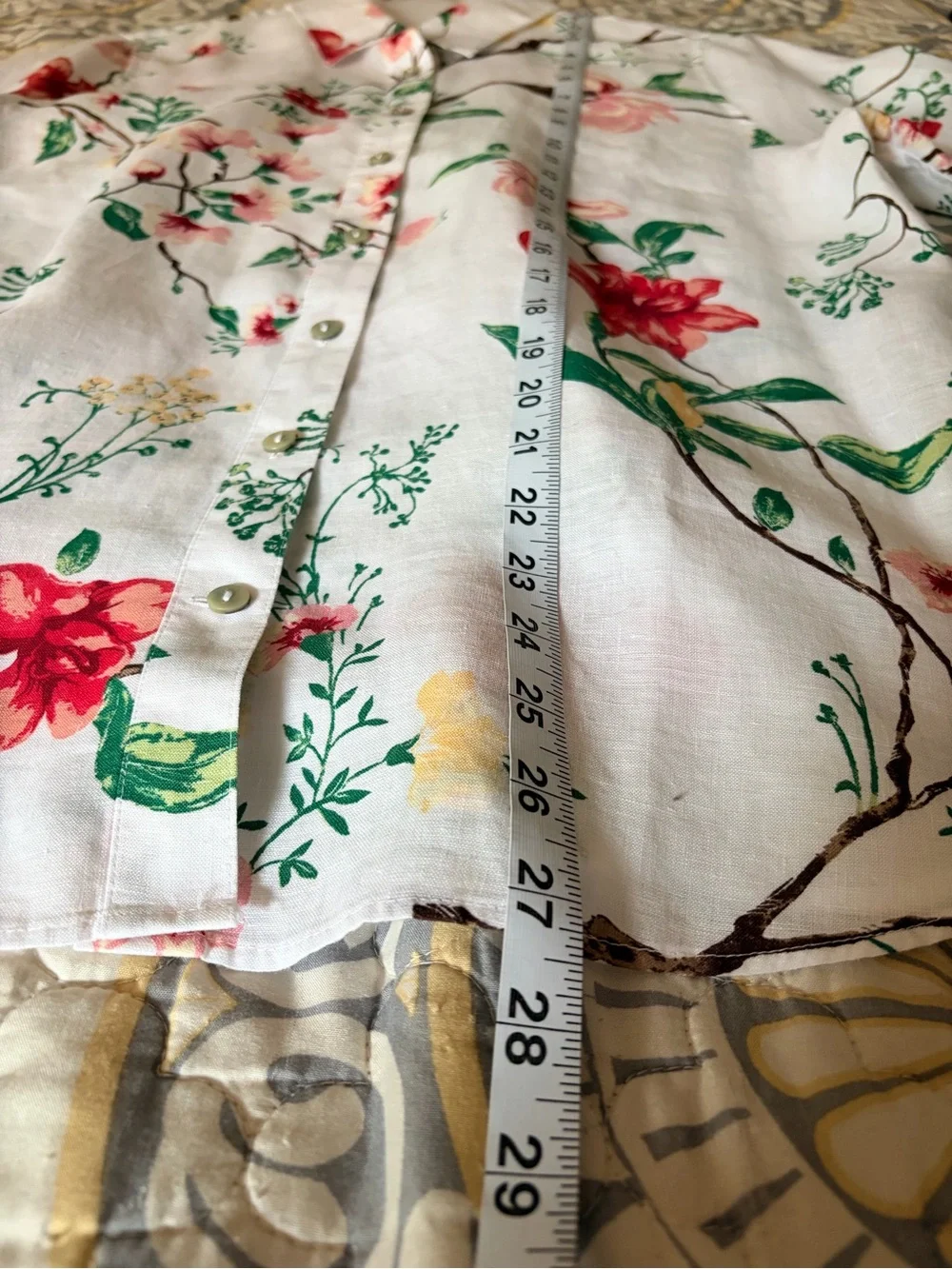 Chicos No Iron Kyoto Bloom 100% Linen Shirt Cuffed 3/4 Sleeve Top, Size 1, M